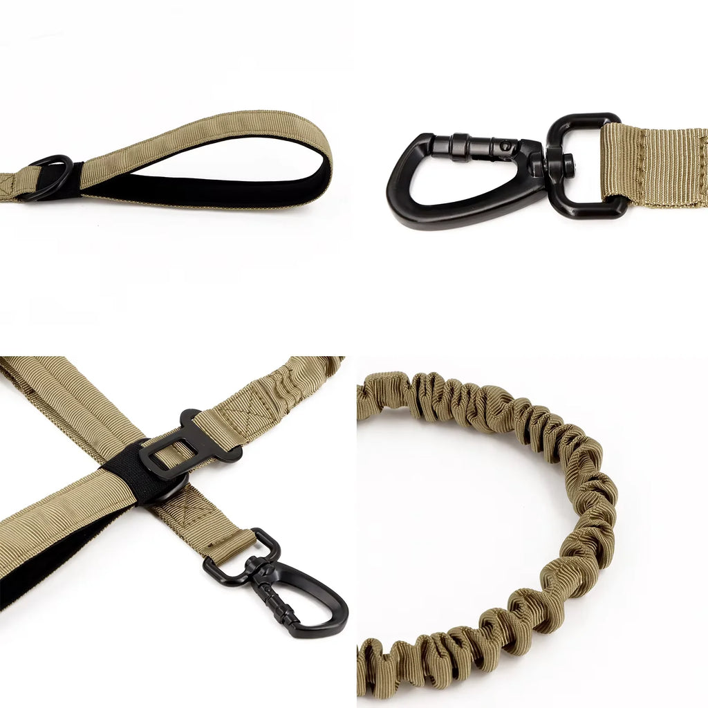 Tactical Bungee Leash in Coyote Brown showing clip and bungee section