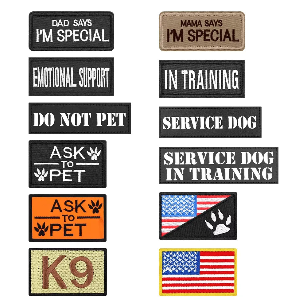 Tactical Harness Patch Set with 12 hook-and-loop patches including DO NOT PET, IN TRAINING, SERVICE DOG, ASK TO PET, K9, and US flag designs