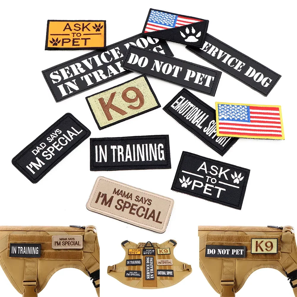 Tactical Harness Patch Set patches laid out with DO NOT PET, SERVICE DOG, IN TRAINING, and K9 designs above vests wearing the patches
