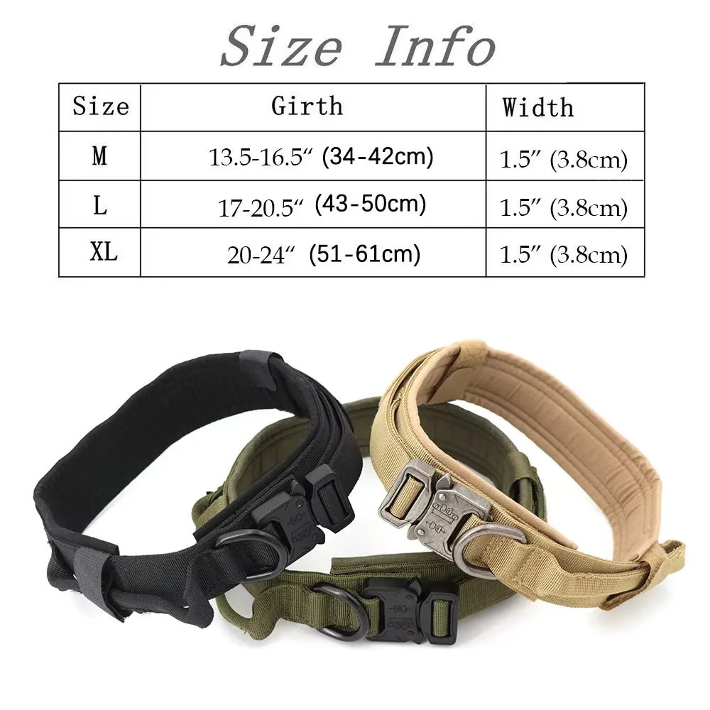 Tactical Dog Collar with Control Handle size chart for M, L, and XL with Black, OD Green, and Coyote Brown collars