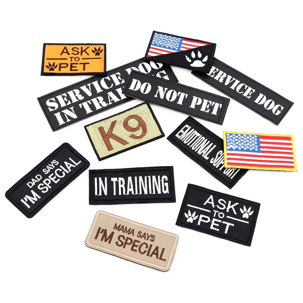 Tactical Harness Patch Set patches scattered on a white background including ASK TO PET, DO NOT PET, SERVICE DOG, K9, and US flag designs