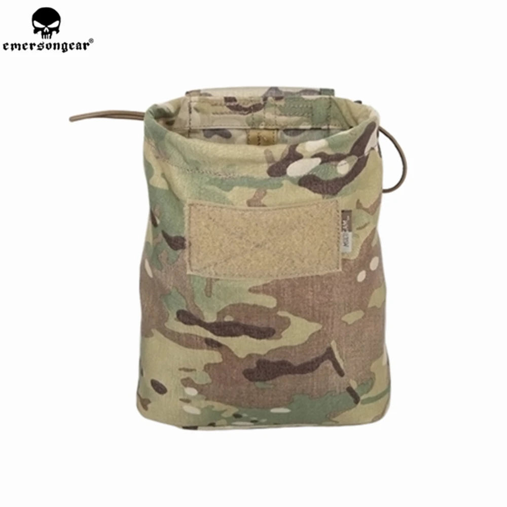 MOLLE Folding Utility Pouch in Multicam standing upright with open top and hook-and-loop patch panel