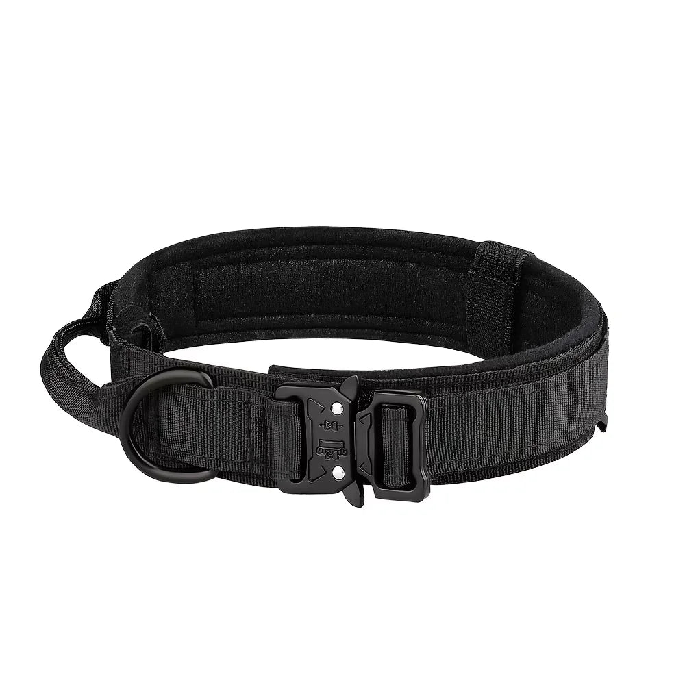 Tactical Dog Collar with Control Handle in Black showing metal buckle and D-ring