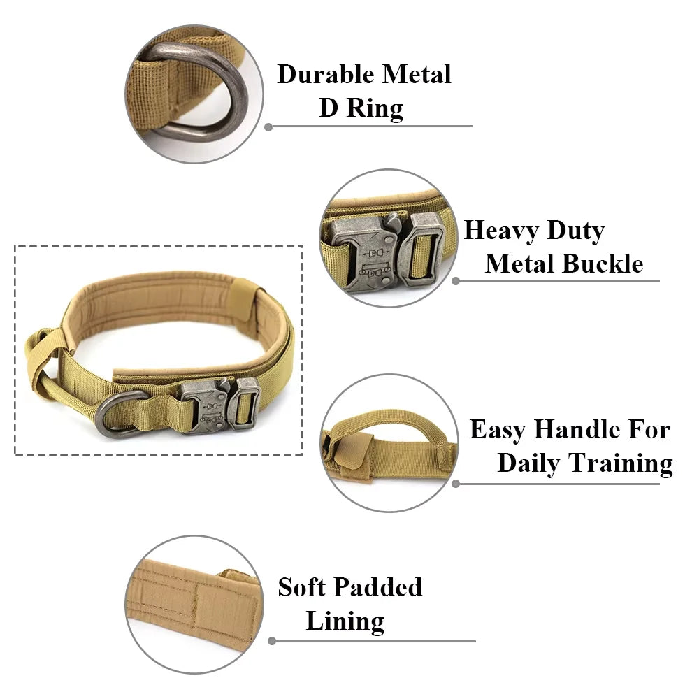 Tactical Dog Collar with Control Handle in Coyote Brown feature diagram showing metal D-ring, metal buckle, control handle, and padded lining