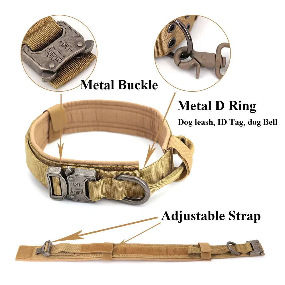 Tactical Dog Collar with Control Handle in Coyote Brown showing metal buckle, metal D-ring, and adjustable strap