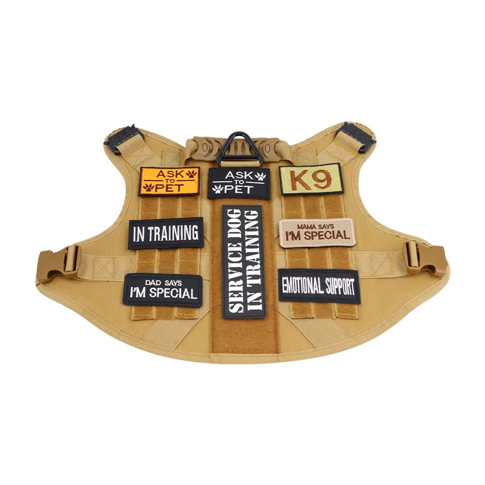 Tactical Harness Patch Set patches attached to a tan vest including ASK TO PET, K9, IN TRAINING, and SERVICE DOG IN TRAINING