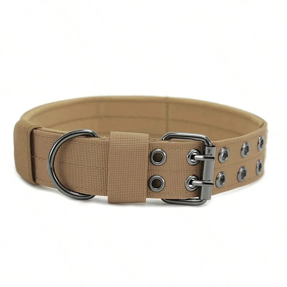 Tactical patch-ready dog collar in Coyote Brown with metal buckle, D-ring, and hook-and-loop ID panel