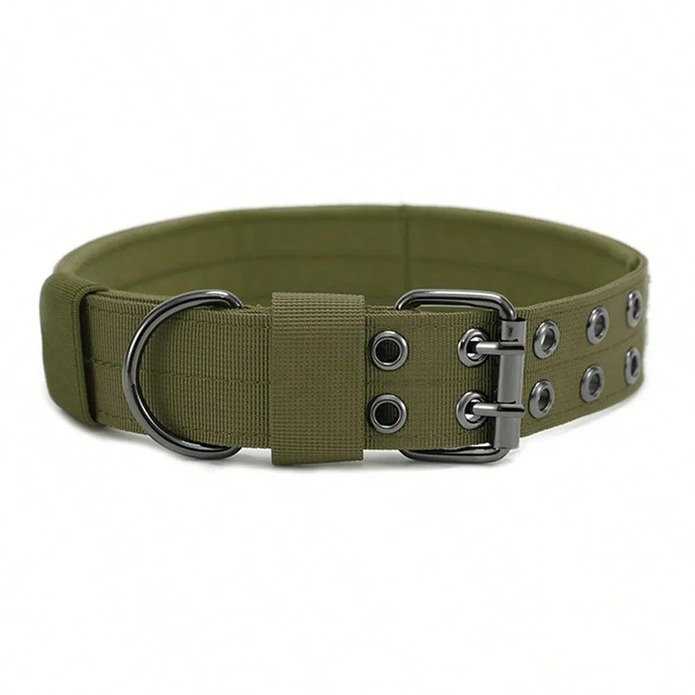 Tactical patch-ready dog collar in OD Green with metal buckle, D-ring, and hook-and-loop ID panel