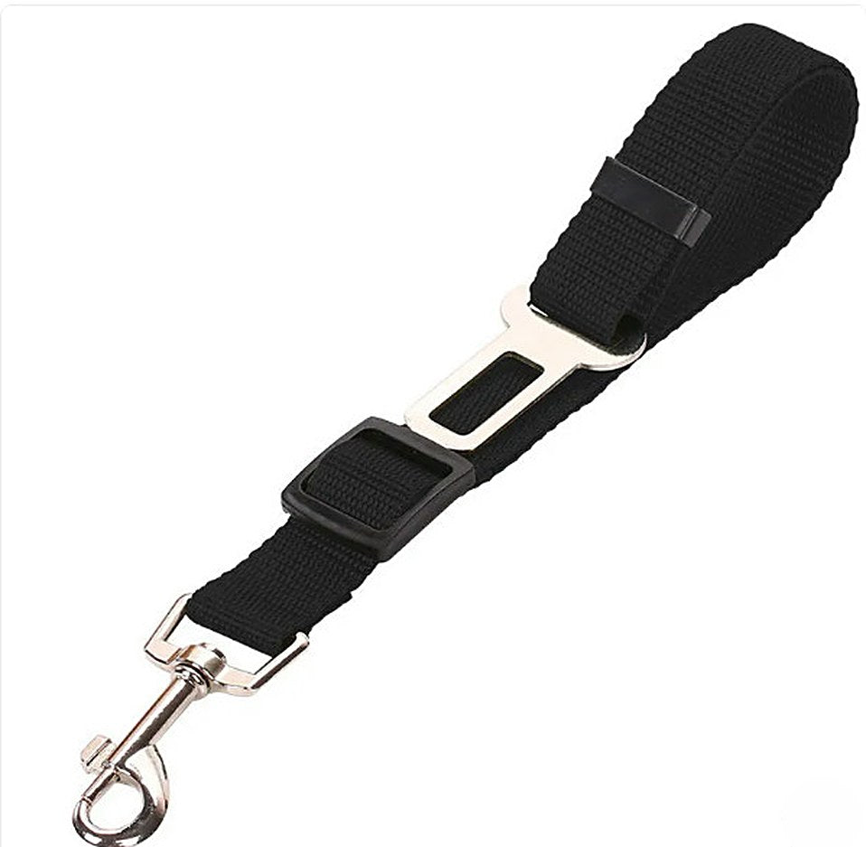 Adjustable Dog Car Seat Belt Tether in Black with seat belt buckle and leash clip