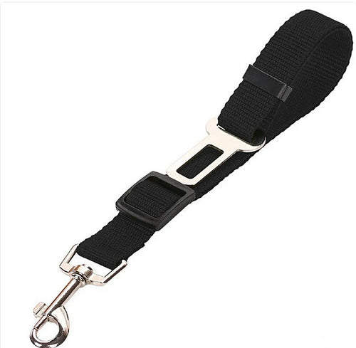 Adjustable Dog Car Seat Belt Tether in Black with seat belt buckle and leash clip