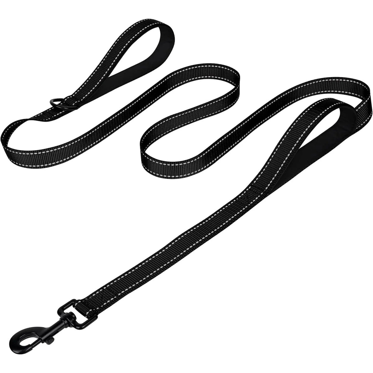 Double handle traffic dog leash in Black with reflective stitching and padded handles